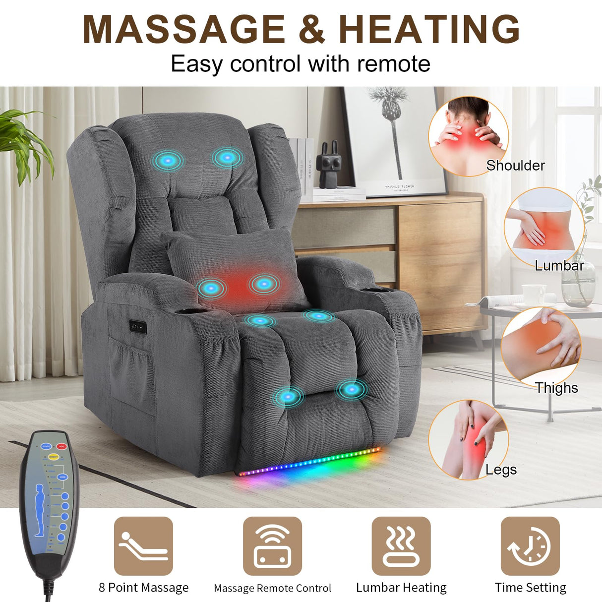 DRMBOOK Power Recliner Chair, Electric Wall Hugger Reclining Sofa with Massage & Heat, Overstuffed Movie Theater Seating with LED/USB Port/Cup Holders for Living Room (Linen Grey, 1 Chair) DRMBOOK