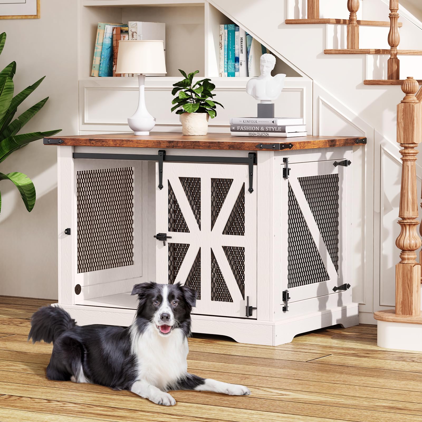 VOPEAK Farmhouse Dog Crate Furniture Heavy Duty Large Dog Crate for Medium Large Dogs XL Dog Crate Dog Kennel Indoor with Double Doors Chew Resistant End Table for Bedroom Living Room White