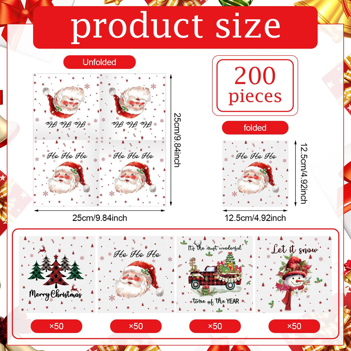 Fulmoon 200 Pcs Christmas Cocktail Paper Napkins Disposable 2 Ply Santa Beverage Napkins Decoupage Xmas Tree Towel for Christmas Party Dinner Table Supplies (Classic Style) Fulmoon