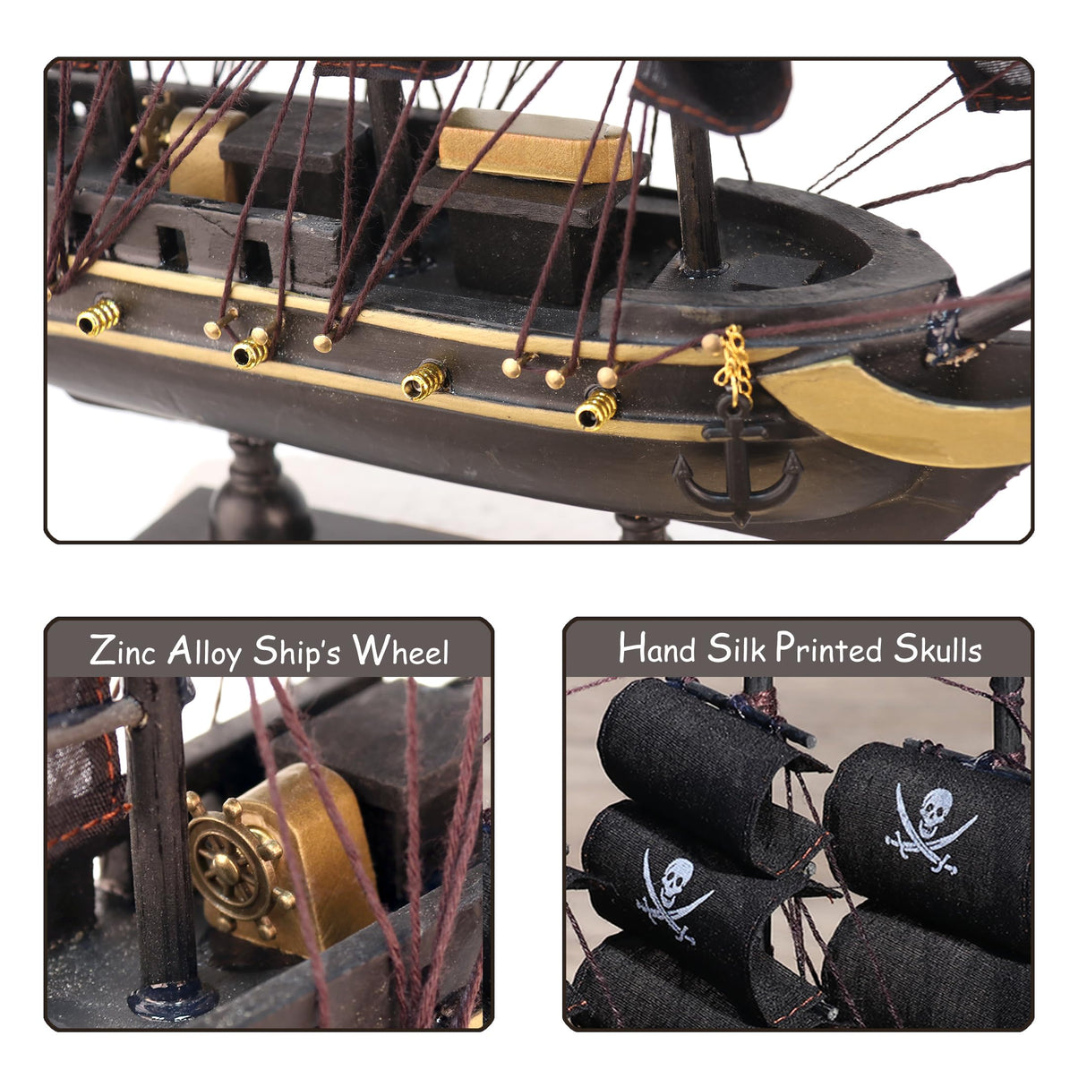 NAUTIMALL The Black Pearl Wooden Pirate Ship Model 10" Prebuilt Caribbean Nautical Fully Assembled Sailboat Decor (10" Wooden Black Pearl) NAUTIMALL