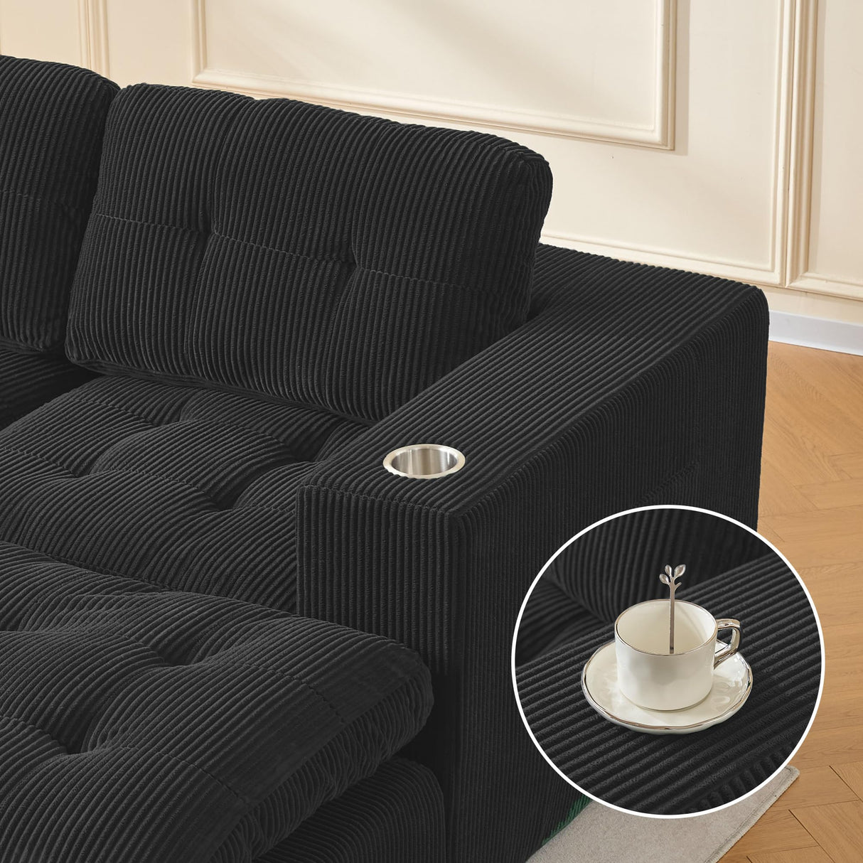 YKVIQBY Modular Cloud 3 Seater Sofa L Shaped Sectional Couch, Comfy Modern Sectional with Cup Holders, Ergonomic Support & Free Combination for Apartment for Living Room Bedroom, Black YKVIQBY