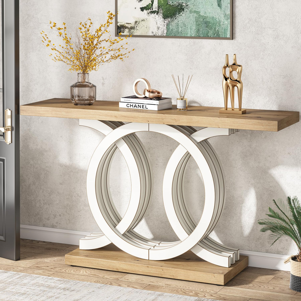 Tribesigns 55 in Console Table with Geometric Base, Modern Hallway Table, Wooden Entryway Table, Foyer Sofa Table, Unique Long Accent Table for Decoration and Organization (White) Brand Tribesigns