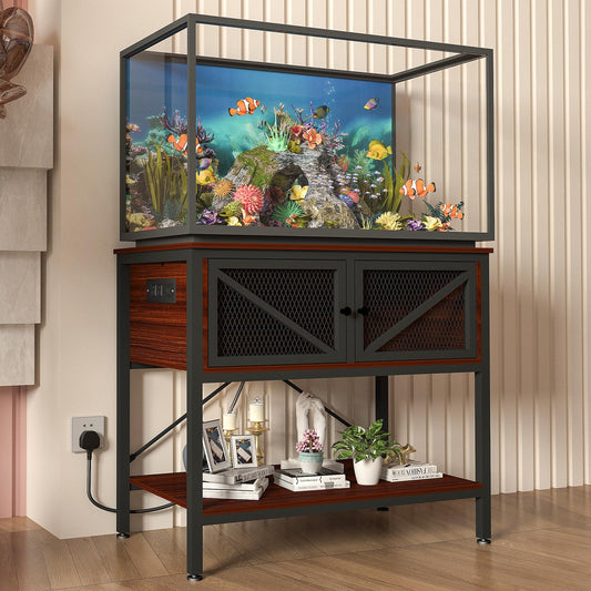 Avolander 40-50 Gallon Fish Tank Stand, Aquarium Stand with Power Outlets & LED Light, Cabinet for Fish Tank Accessories Storage, Heavy Duty Metal Frame, 760LBS Capacity, Black Teakwood Brown