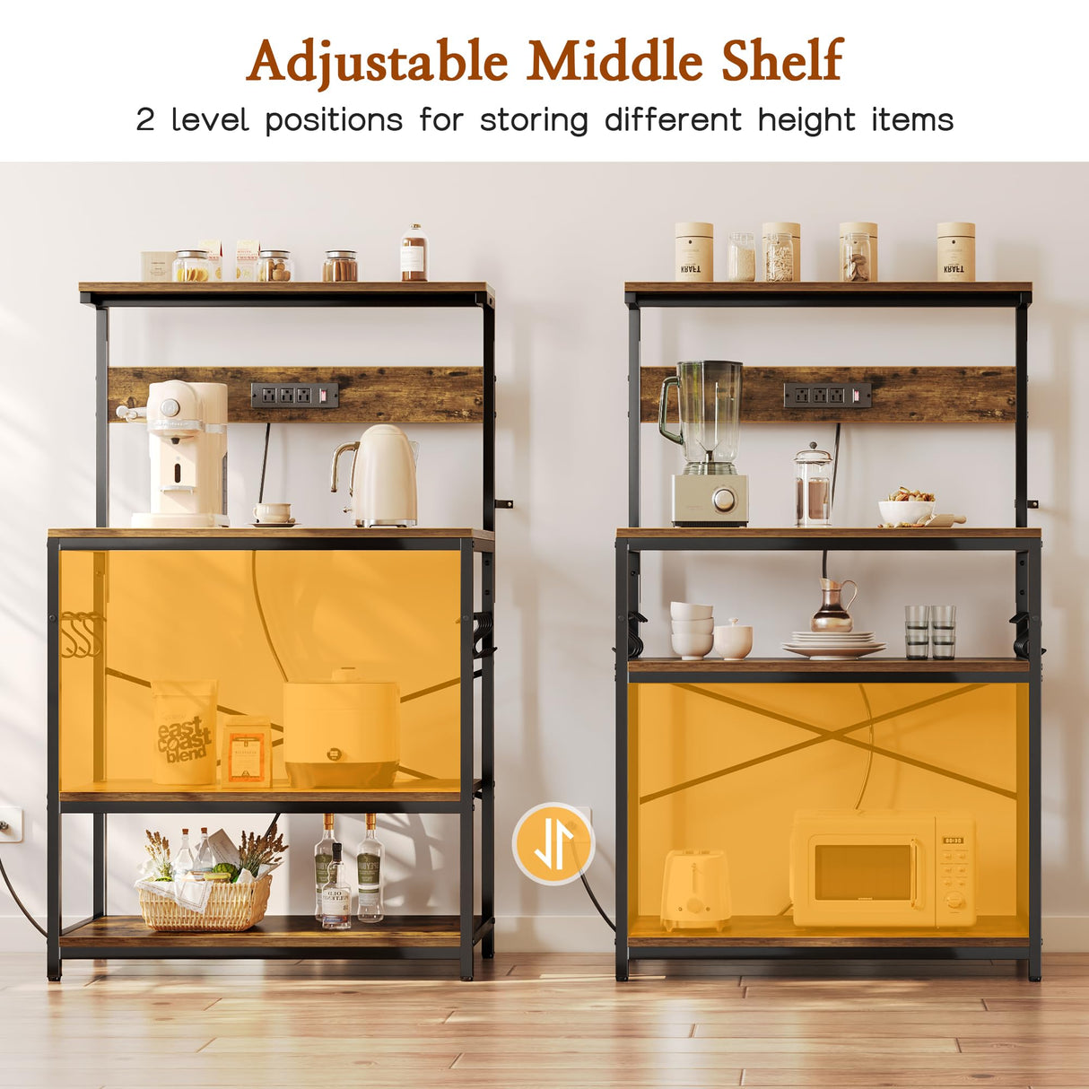 SUPERJARE Bakers Rack with Power Outlets, Microwave Stand, 31.5 X 16.5 Inch Larger Desktop, Kitchen Storage Rack with Adjustable Middle Shelf, 6 S-Shaped Hooks, Coffee Bar Stand, Rustic Brown SUPERJARE