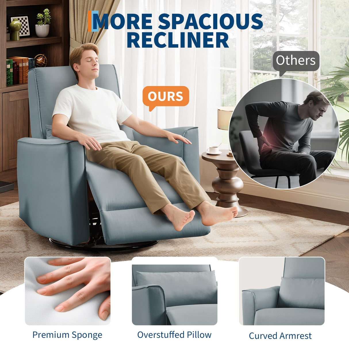 IDEALHOUSE Swivel Rocking Nursery Recliner Chair Rocker Recliner Glider Deep Seat PU Leather Sofa Chair with high Backrest for Nursery, Living Room, Bedroom & Home Movie Theater (Gray) IDEALHOUSE