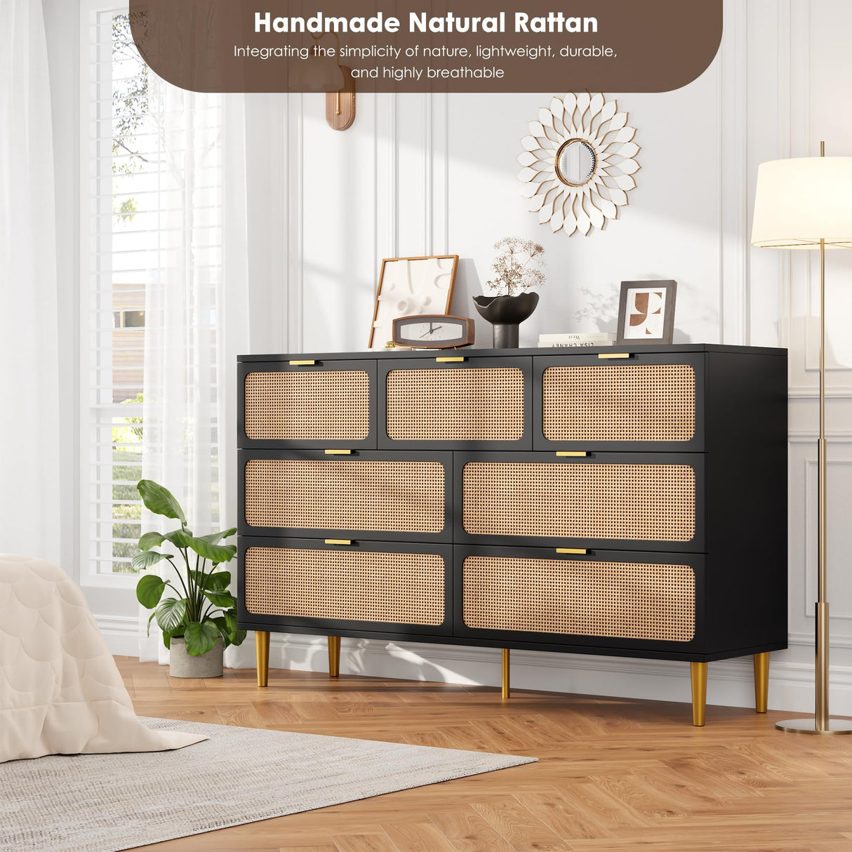 GarveeHome Rattan 7 Drawer Dressers for Bedroom, Tall Dresser with Deep Drawers, Large Chest of Drawers for Closet with Wide Top, Long Wooden Dresser for Living Room, Hallway, Kids Room, Black GarveeHome