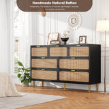 GarveeHome Rattan 7 Drawer Dressers for Bedroom, Tall Dresser with Deep Drawers, Large Chest of Drawers for Closet with Wide Top, Long Wooden Dresser for Living Room, Hallway, Kids Room, Black GarveeHome