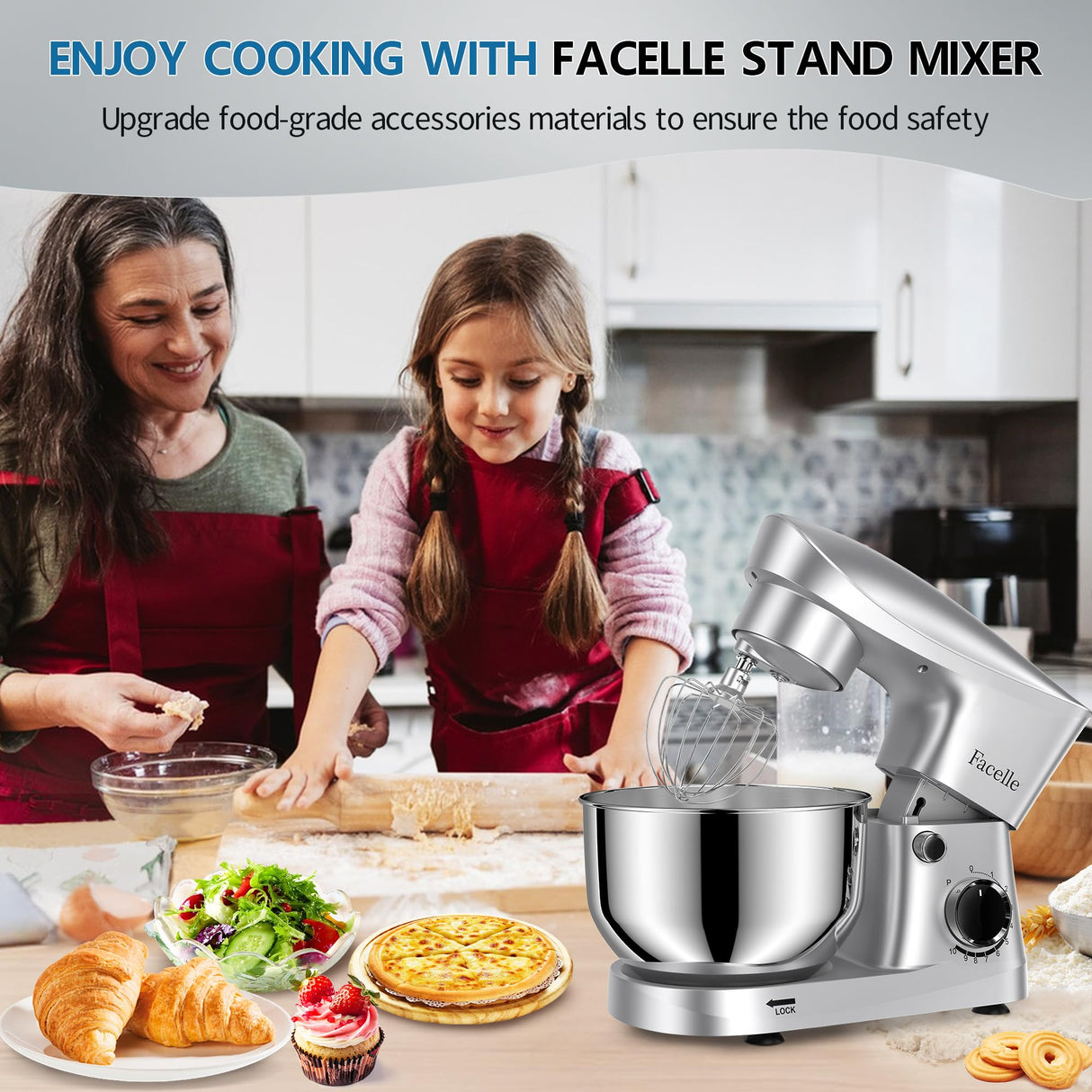 Facelle Stand Mixer, 10-Speed 6QT Kitchen Electric Mixer, Tilt-Head Food Mixer with Beater, Dough Hook, Wire Whip and Egg Separator, scraper for Most Home Cooks - Silver Facelle