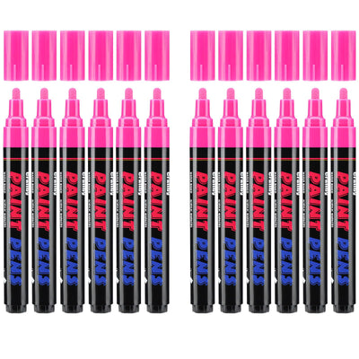 Craiiby Pink Paint Pens Paint Markers - 12 Pack Permanent Acrylic Quick Dry Waterproof Marker Pens for Rocks Wood Fabric Plastic Canvas Glass Mugs Metal Tire Stone
