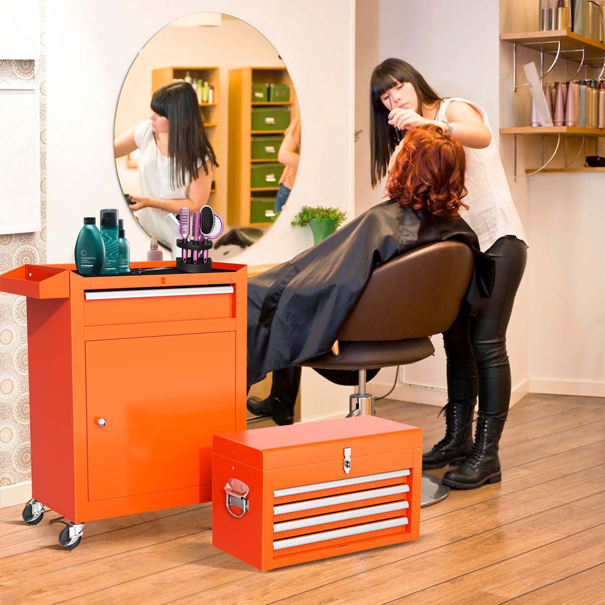 Greenvelly Metal Tool Chest,5-Drawer Rolling Tool Cart with Wheels,2 in 1 Detachable Tool Cabinets,Liners and Locking System for Warehouse, Garage,Workshop, Barbershop(Orange) Greenvelly