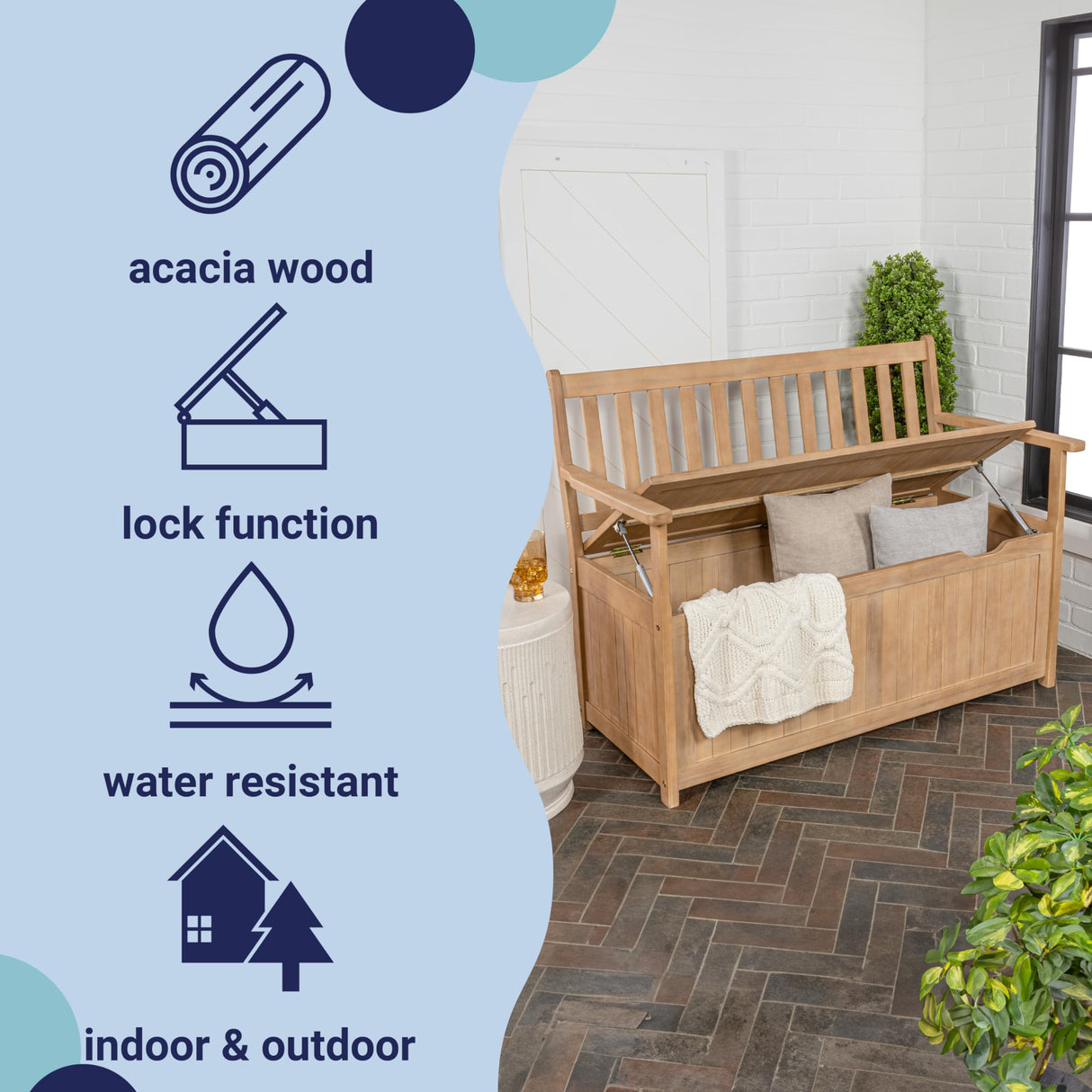 happimess STB1000A Sophie 48" Traditional Farmhouse Lift-Top Acacia Wood Storage & Entry Bench, Light Teak Matte Finish, with Seating & Armrest for Patio, Garden, Porch, Backyard, Poolside happimess