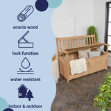 happimess STB1000A Sophie 48" Traditional Farmhouse Lift-Top Acacia Wood Storage & Entry Bench, Light Teak Matte Finish, with Seating & Armrest for Patio, Garden, Porch, Backyard, Poolside happimess