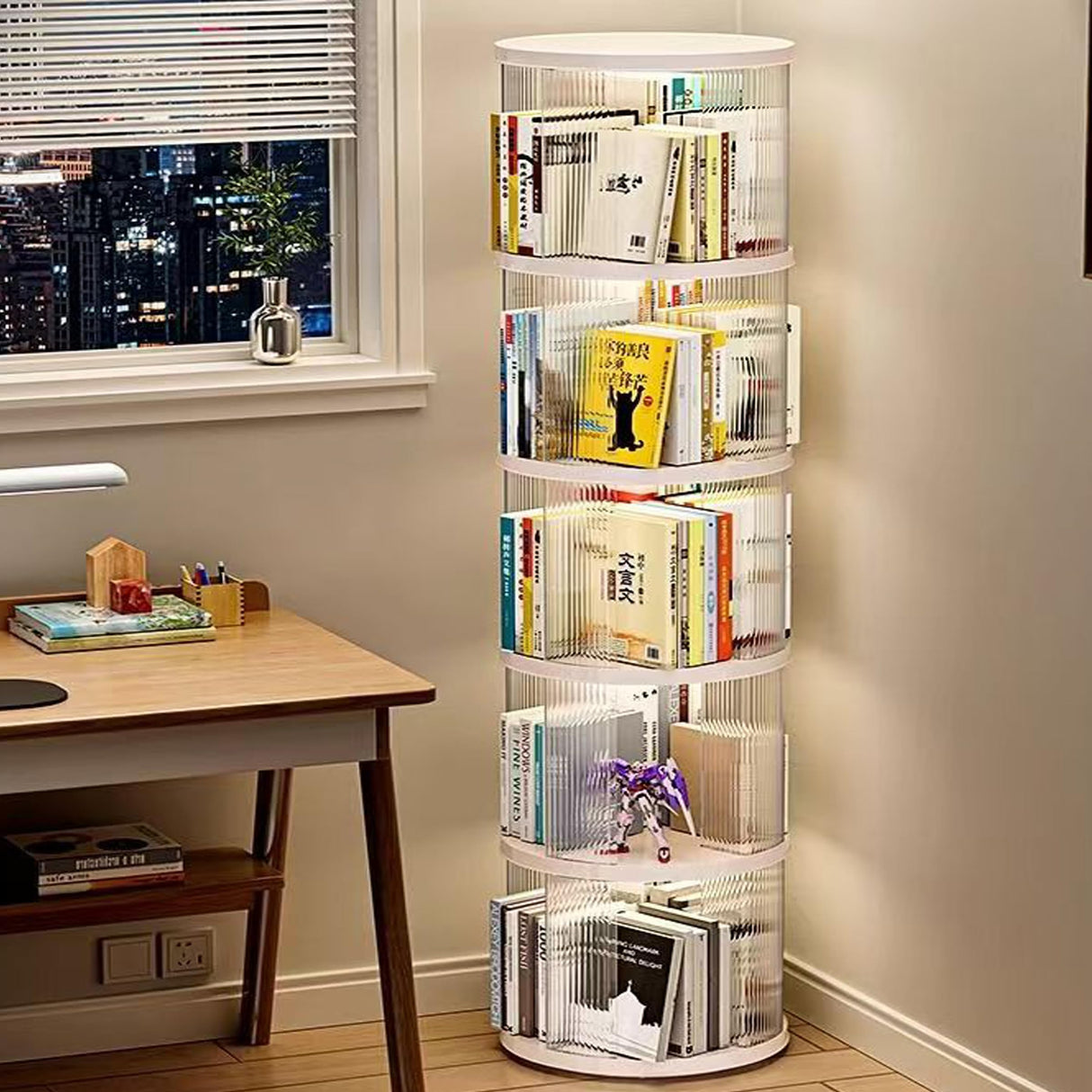 LXSJCYGJ 5 Tier Rotating Bookshelf Tower, 360° Rotating Bookshelf, Space Saving Rotating Bookshelves, Revolving Bookcase Suitable for Bedrooms, Living Rooms, Studies and Offices, White, Lazy Susan LXSJCYGJ