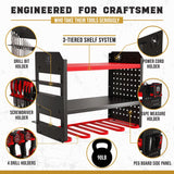 BUILTSTRONG Power Tool Organizer Wall Mount - 3-Tier Heavy-Duty Metal Hand Tool Storage Rack, Utility Racks, Drill Holder, PegBoard Side, & More - Garage Storage Cordless Tool Organizer (Red) BUILTSTRONG