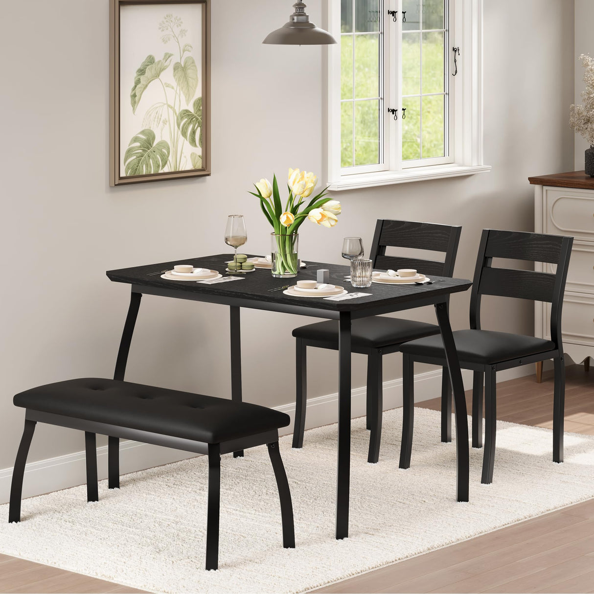 GarveeHome Dining Table Set for 4, Sturdy Wooden Kitchen Table with Chamfer Design and Metal Legs, Upholstered Bench & 2 Classic Dinner Chairs, Kitchen and Dining Set for Home Dinner, Party, Black GarveeHome