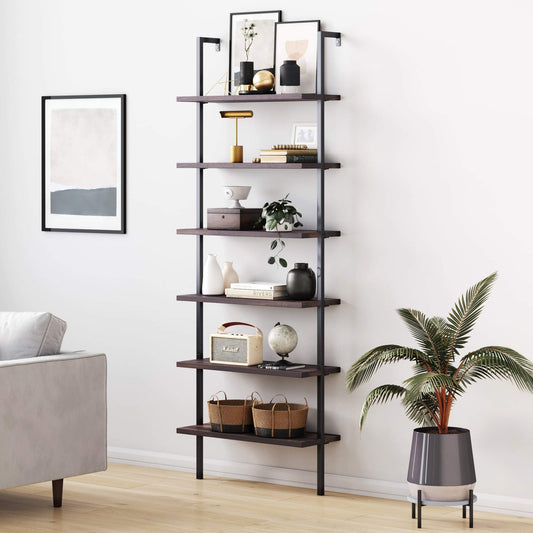 Nathan James Theo 6-Shelf Industrial Wall Mount Bookshelf in Nutmeg and Matte Black - WoodArtSupply