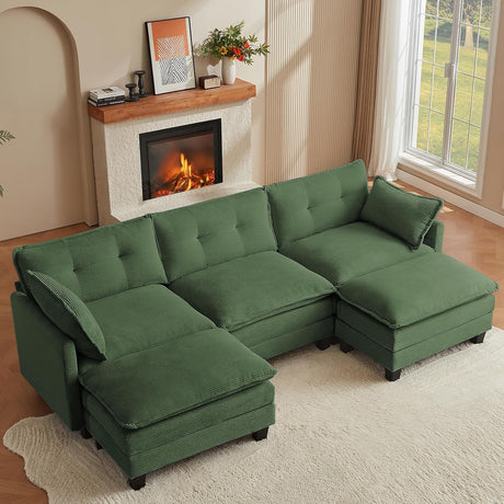 Amsleekey Modular Sectional Sofa, 111.5" U-Shaped Corduroy Comfy Sectional Couches for Living Room, 3-Seater Cloud Couches with 2 Movable Ottomans, Flexible Combination Modern Deep Seat Sofa (Green) Amsleekey