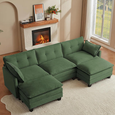 Amsleekey Modular Sectional Sofa, 111.5" U-Shaped Corduroy Comfy Sectional Couches for Living Room, 3-Seater Cloud Couches with 2 Movable Ottomans, Flexible Combination Modern Deep Seat Sofa (Green)