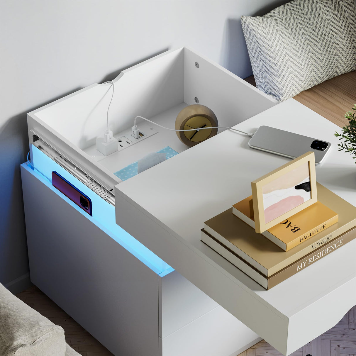 Furniwell LED Nightstand with Charging Station, End Table with Drawers, Night Stand Bedside Table with Sliding Top for Bedroom and Living Room, White Furniwell