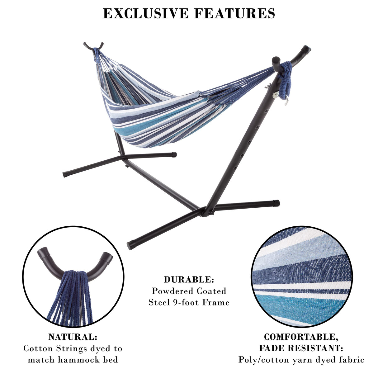 Fabric Hammock with Stand Included - Portable Hammock with Carry Bag and Powder-Coated Steel Frame for Travel or Backyard by Pure Garden (Blue Stripe) Pure Garden
