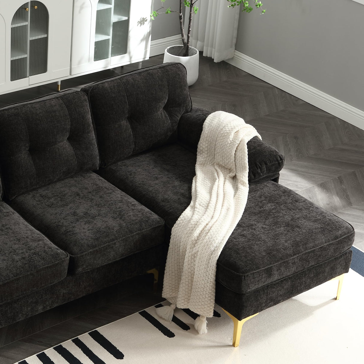 CALABASH 83" L Shaped Sectional Sofa, Chenille 3-Seater Sofa with Reversible Chaise, Modern Soft Cushion Fluffy Armrest Convertible Couch for Living Room Apartment Small Spaces (Black) CALABASH