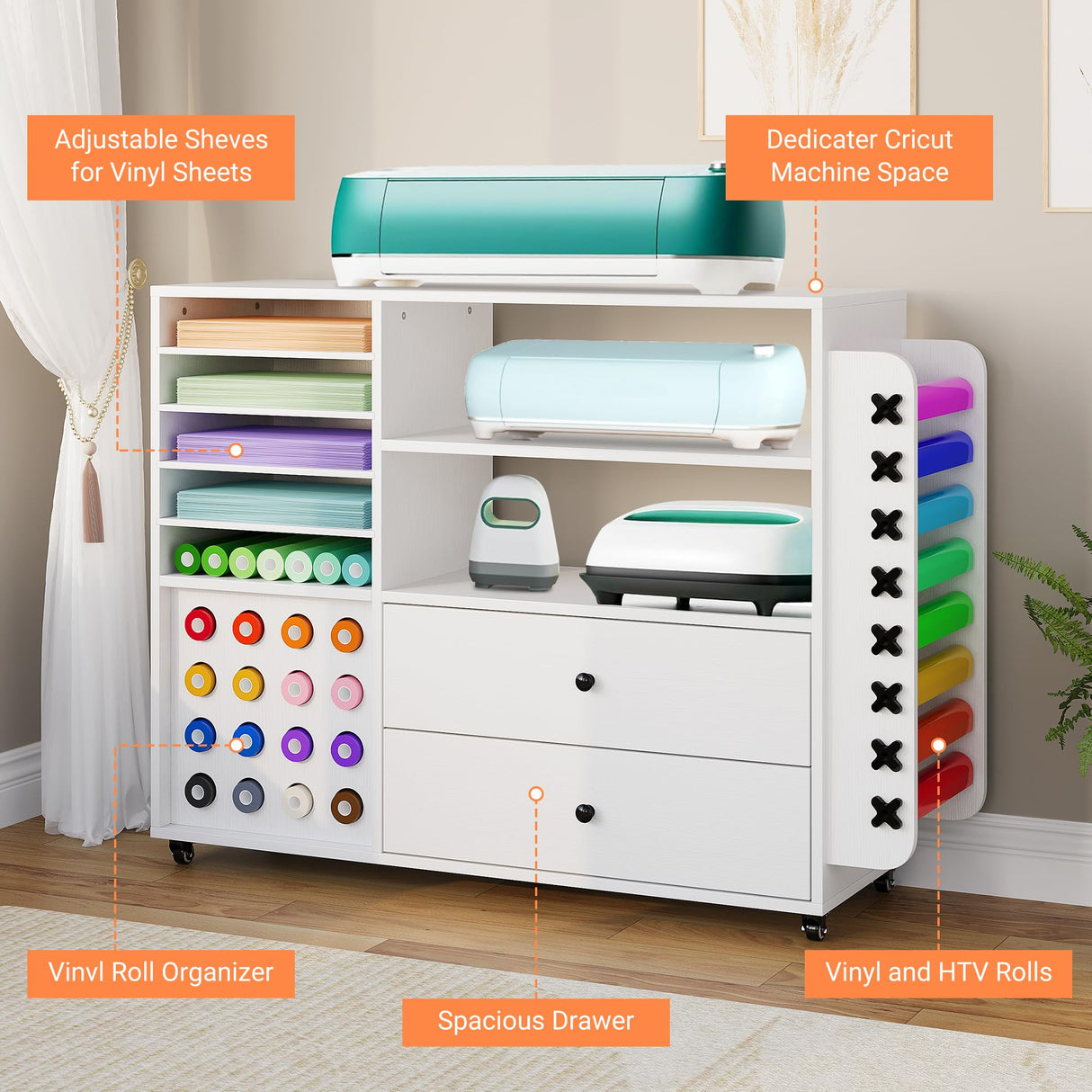 Craft Storage Cart Compatible with Cricut Machines, Mobile Craft Table Workstation for Cricut Maker, 24 Vinyl Roll Holders Cabinet 2 Drawers, Lockable Wheels Hipicute
