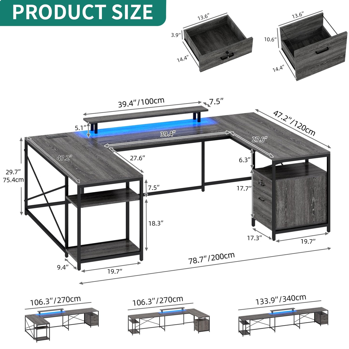 DWVO U Shaped Desk with Drawers, 79" Reversible L Shaped Desk with Power Outlets & LED Lights, Corner Computer Desk with Monitor Stand & Storage Shelves, Grey