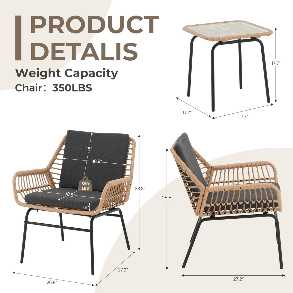 GREEN MORE 3 Piece Outdoor Patio Furniture Set, Rattan Conversation Sets, All-Weather Wicker Chairs with Cushions and Coffee Table, for Garden Balcony Courtyard Poolside GREEN MORE