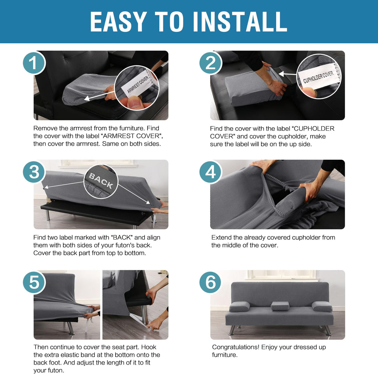 H.VERSAILTEX 4 Pieces Stretch Futon Covers Sofa Bed Slipcover with Removable Armrests and Cupholders Covers Furniture Protector High Spandex Small Checks Jacquard Fabric, Grey H.VERSAILTEX