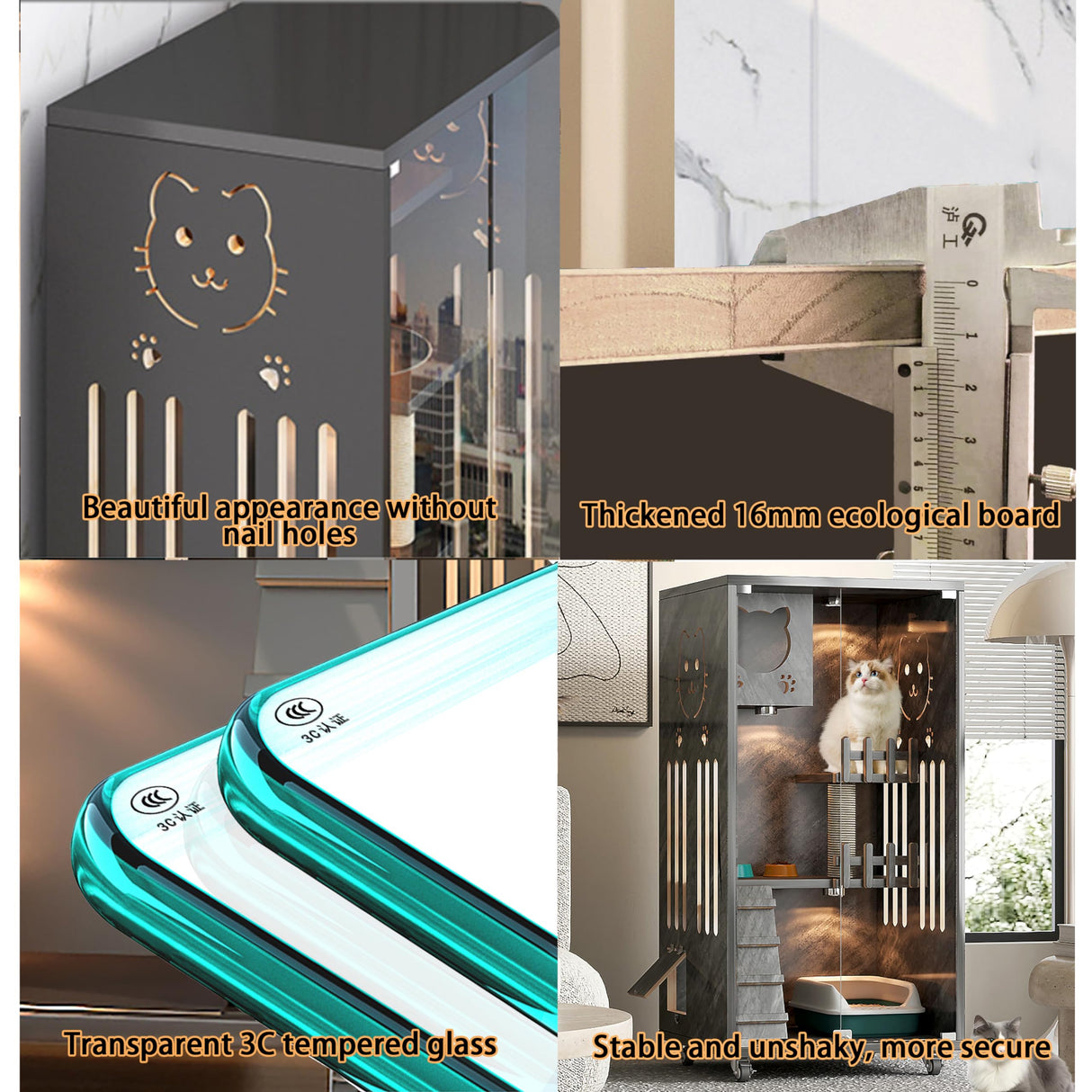 Wooden Cat House Large Space Cat Cage with Scratching Post, Wooden Indoor/Outdoor Cat Enclosure with Wheels, Multi-Feature Enclosed Cat Houses for Indoor Cats Ventilation Glass Doors,50" X 24" X 24" HUATOL