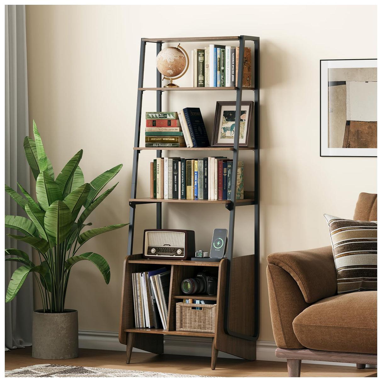 JOINICE 5-Tier Ladder Bookshelf with Cabinet,Mid Century Modern Bookshelf with Adjustable Shelf,Tall Bookshelf with Charging Station,Wood and Metal Display Rack for Living Room,Bedroom,Office,Walnut JOINICE