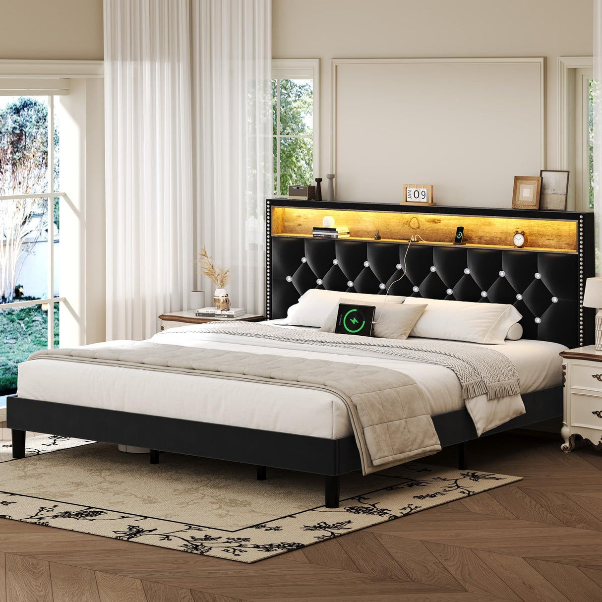 HOMBCK King Size Bed Frame with LED Lights and Storage Headboard, Velvet Upholstered Bed Frame King with Charging Station, Modern Diamond and Rivet Design, No Box Spring Needed, Easy Assembly, Black HOMBCK