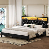 HOMBCK King Size Bed Frame with LED Lights and Storage Headboard, Velvet Upholstered Bed Frame King with Charging Station, Modern Diamond and Rivet Design, No Box Spring Needed, Easy Assembly, Black HOMBCK