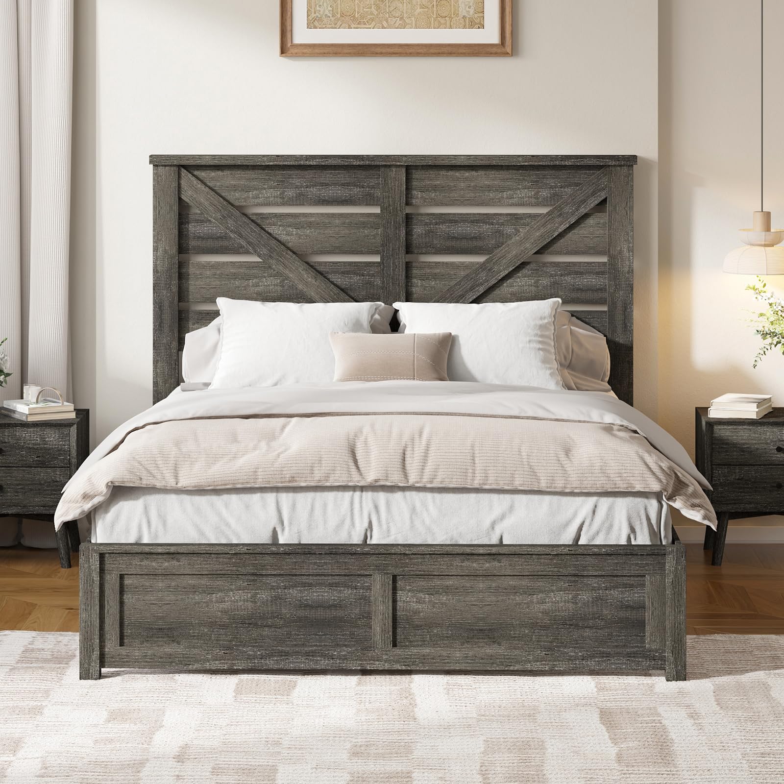 LUXOAK Full Size Farmhouse Wooden Bed Frame, Platform Bed Frame with 49.2" Headboard/No Box Spring Needed/Noisy Free/Easy Assembly/Grey - WoodArtSupply