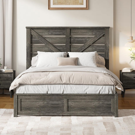 LUXOAK Full Size Farmhouse Wooden Bed Frame, Platform Bed Frame with 49.2" Headboard/No Box Spring Needed/Noisy Free/Easy Assembly/Grey LUXOAK