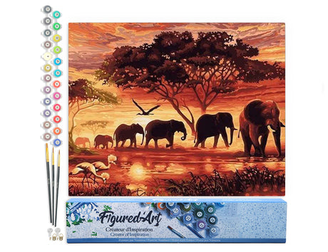 Figured'Art Paint by Numbers Kit for Adults Elephants at Sunset 16"x20" - Craft Art Painting DIY Kit Rolled Canvas Without Frame Figured'Art