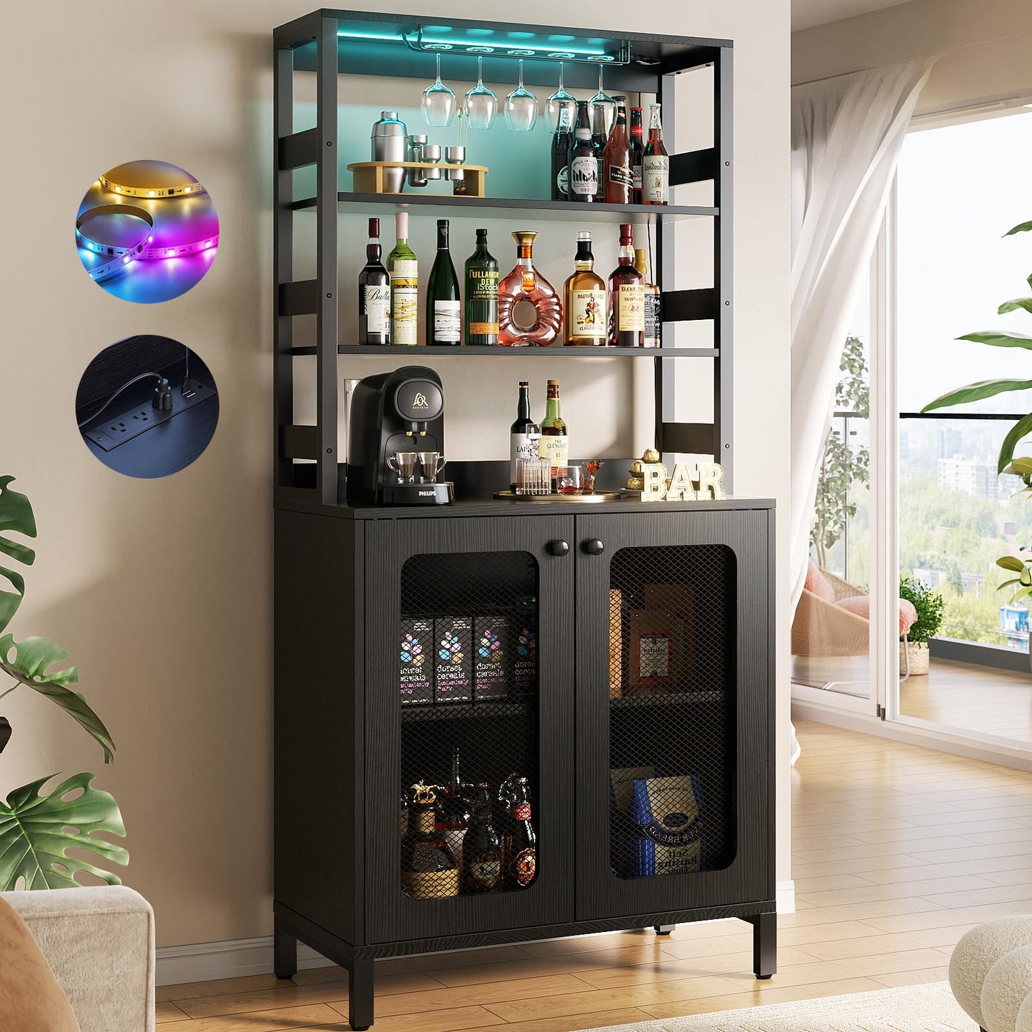 Aheaplus Bar Cabinet with Power Outlets, 67" Tall Wine Bar Cabinet Liquor Cabinet with LED Lights and Glass Holder, Coffee Bar Station for Living Room, Microwave Stand Bakers Rack Cabinet, Black