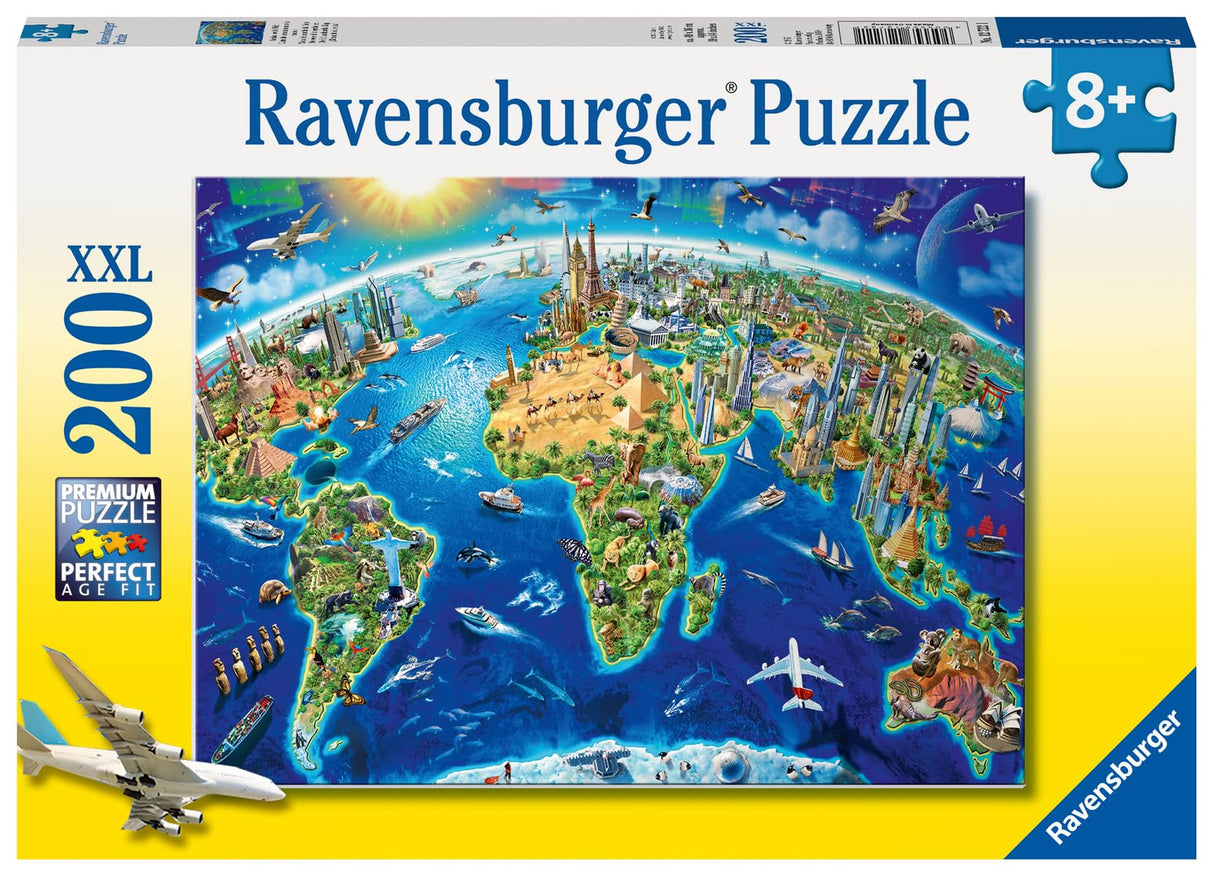 Ravensburger World Landmarks Map 200 Piece XXL Jigsaw Puzzle forKids - | Unique Piece Design | Anti-Glare Surface | Skill-Building, Fun Activity | Amazon Exclusive Ravensburger