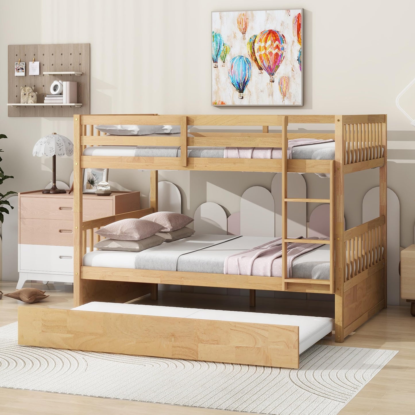 WIILAYOK Full Over Full Bunk Bed with Trundle, Convertible to 2 Platform Bed, Solid Wood Bunk Bed with Ladder and Safety Rails for Teens, Adults, Natural