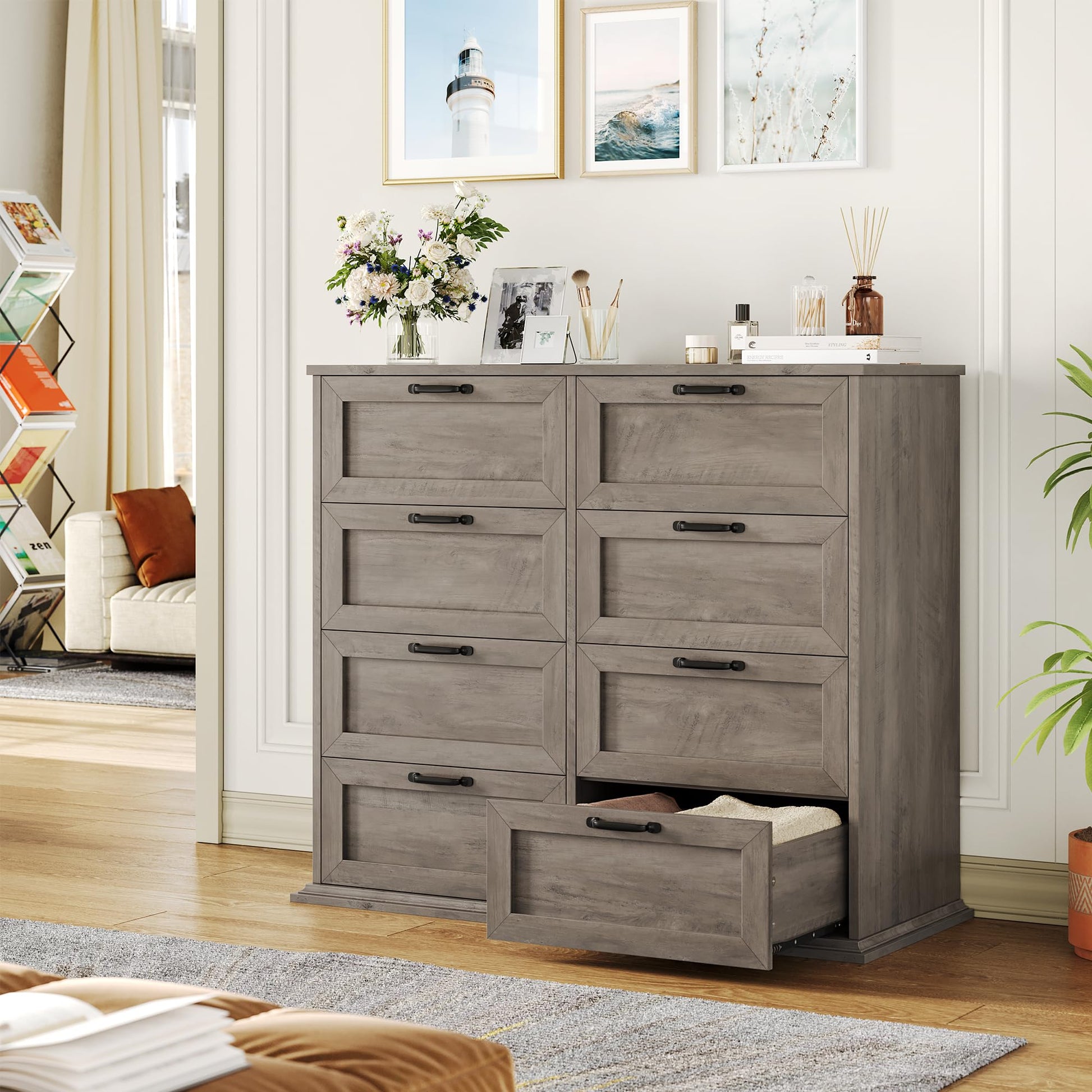 BOTLOG Dresser for Bedroom Wooden, Farmhouse Grey Wood Dresser with 8 Drawers, Chest of Drawers for Bedroom Large Capacity Closet Dresser, Hallway, Entryway, Ash Grey - WoodArtSupply