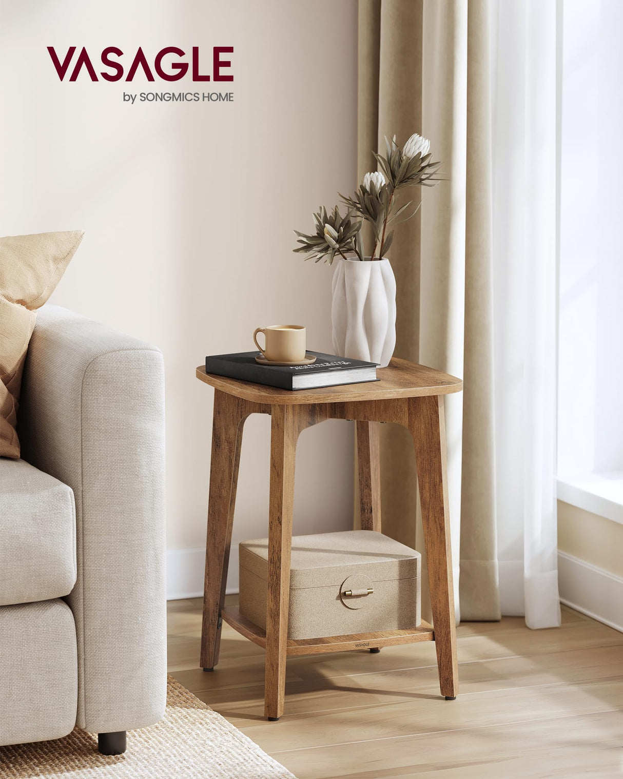 VASAGLE Side Table, Small Square End Table with Lower Shelf, Nightstand for Small Spaces, Living Room, Bedroom, Honey Brown ULET236K01 VASAGLE