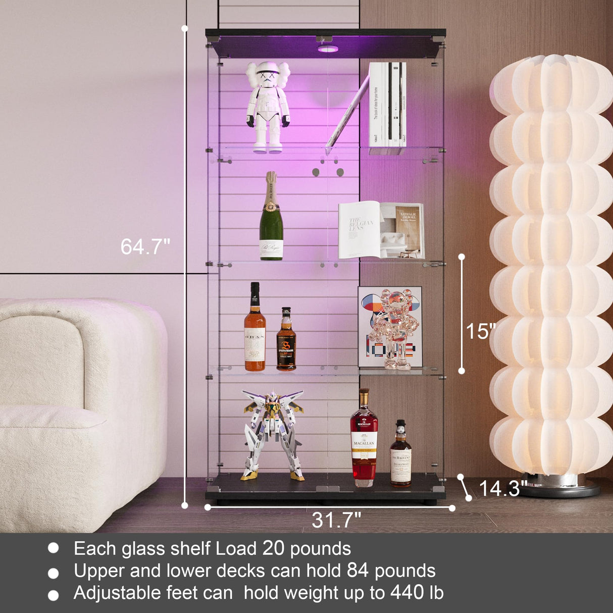 Yoluckea Glass Cabinet with LED Light, 4 Shelves Glass Display Cabinet w/2 Doors,Floor Standing Clear Glass Curio Cabinet Collection Display Cabinet for Living Room Bedroom 64.7” x 31.7” x 14.3” Black Yoluckea