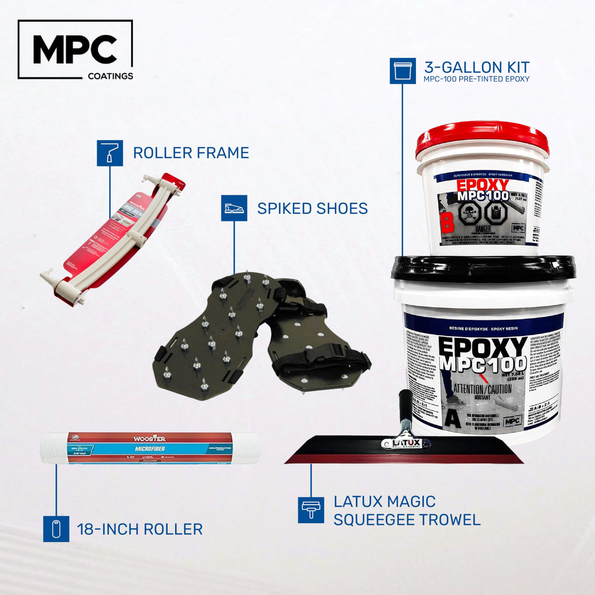 MPC-100 3-Gallon Floor-and-Countertop Epoxy-Resin Kit, Includes 20-Inch Squeegee Trowel, 18-Inch Roller, 18-Inch Roller Frame, and Spiked Shoes Master Protective Coatings