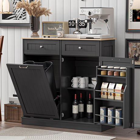Spurgehom 13 Gallons Tilt Out Trash Cabinet Kitchen Storage Cabinet Free Standing Recycling Cabinet Trash Can Holder with Hideaway Drawers Pet Proof Trash Can for Kitchen Living Room, Black Spurgehom