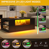 DWVO LED Modern Coffee Tables for Living Room, High Gloss Black Coffee Table with Storage, Small Wood Center Coffee Table with Open Side Shelf and 2 Sliding Drawers, Black DWVO