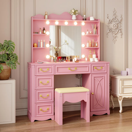 Vlsrka Vanity Desk with Large Mirror and Lights, 43.3" Makeup Vanity Desk with Charging Station and 6 Drawers, Makeup Dressing Table with Storage Stool for Bedroom (Pink) Vlsrka