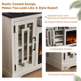 JXQTLINGMU Fireplace TV Stand with 36" Electric Fireplace for 80 Inch TV, Farmhouse 32" Tall Highboy Entertainment Center w/6 Shelves, Modern Media Console w/Storage for Living Room, Distressed White JXQTLINGMU