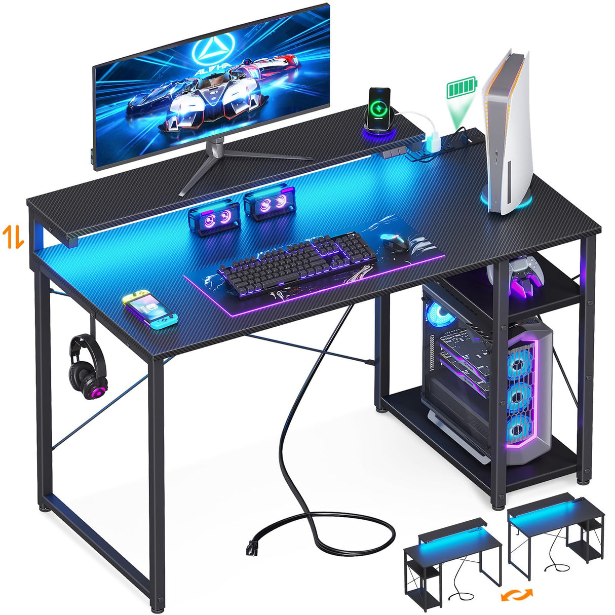 MOTPK Gaming Desk with Led Lights & Power Outlet, 40 Inch Small Gaming Computer Desk with Shelves, Reversible Gamer Desk Table with Adjustable Monitor Stand & Headphone Hook, Carbon Fiber Texture MOTPK