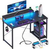 MOTPK Gaming Desk with Led Lights & Power Outlet, 40 Inch Small Gaming Computer Desk with Shelves, Reversible Gamer Desk Table with Adjustable Monitor Stand & Headphone Hook, Carbon Fiber Texture MOTPK
