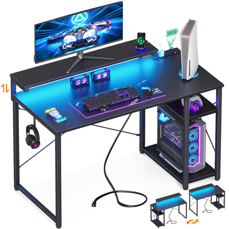 MOTPK Gaming Desk with Led Lights & Power Outlet, 40 Inch Small Gaming Computer Desk with Shelves, Reversible Gamer Desk Table with Adjustable Monitor Stand & Headphone Hook, Carbon Fiber Texture MOTPK